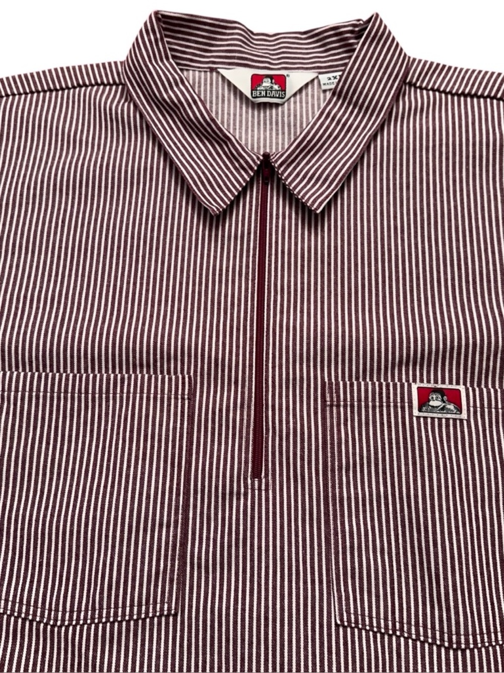 Ben Davis Shirt Mens Size 2XL Short Sleeve Half Zip Burgundy Striped Vintage Y2K